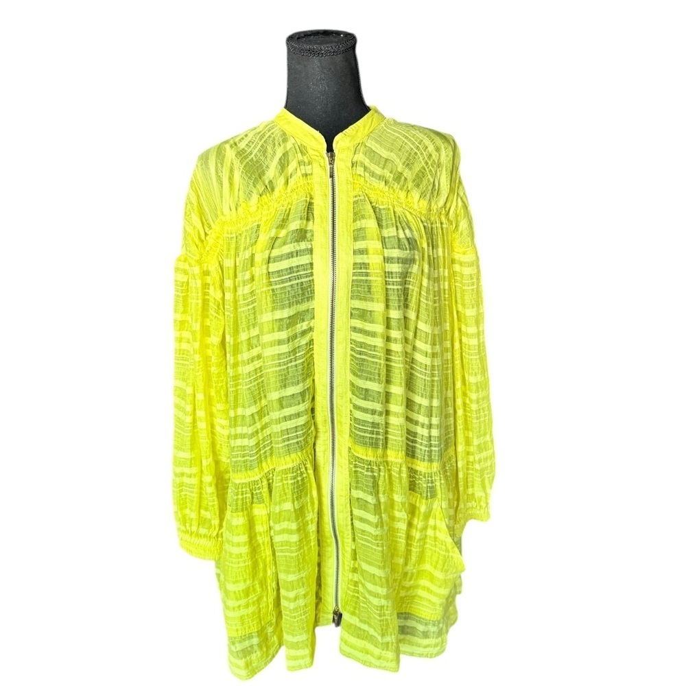Anthropologie Sheer Tiered Zip Front Jacket Blouse Yellow Neon Stripe Small R22